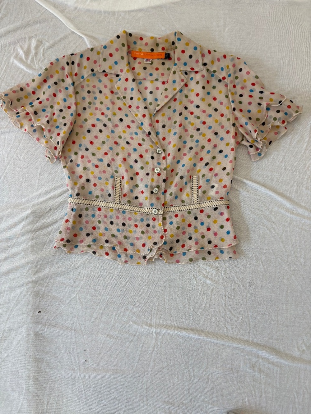 CYNTHIA STEFFE Silk Button Polka Dot Short Sleeve Blouse; Size: XS - Picture 7 of 8